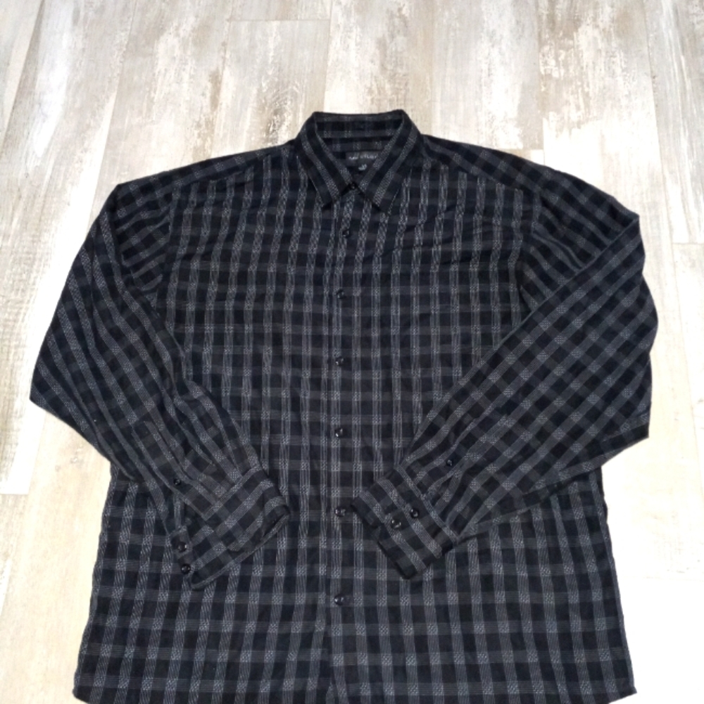 Mens MB Studio Black Gray Plaid Long Sleeve Collared Button Down Dress Shirt LG